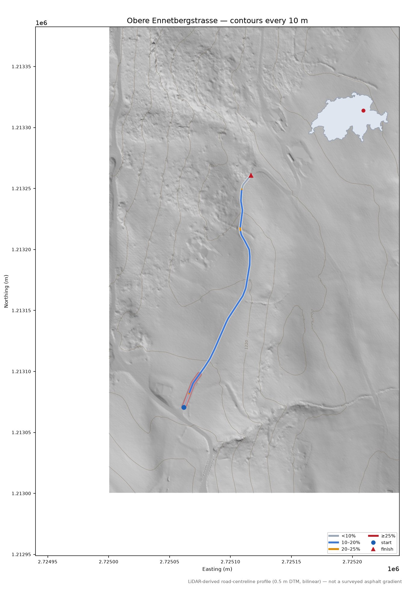 Obere Ennetbergstrasse LiDAR hillshade map with contours