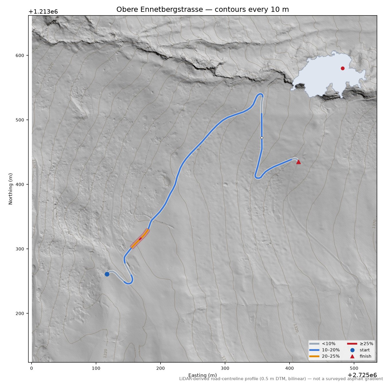 Obere Ennetbergstrasse LiDAR hillshade map with contours