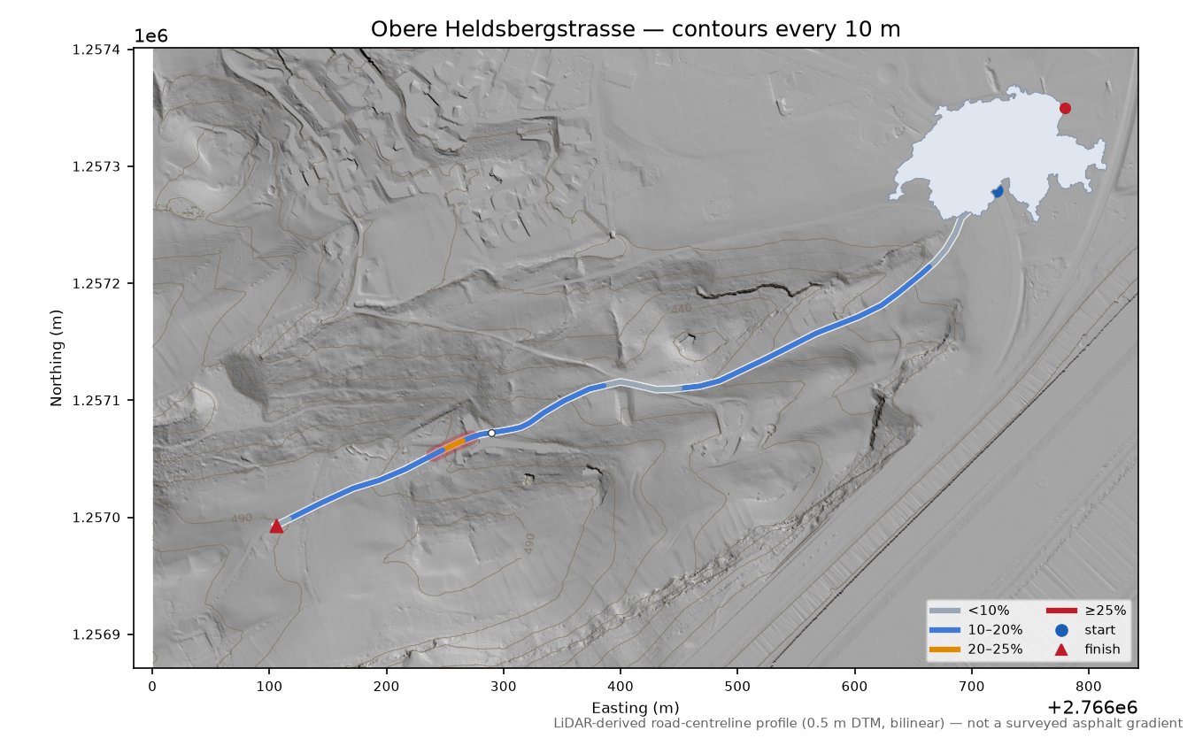 Obere Heldsbergstrasse LiDAR hillshade map with contours