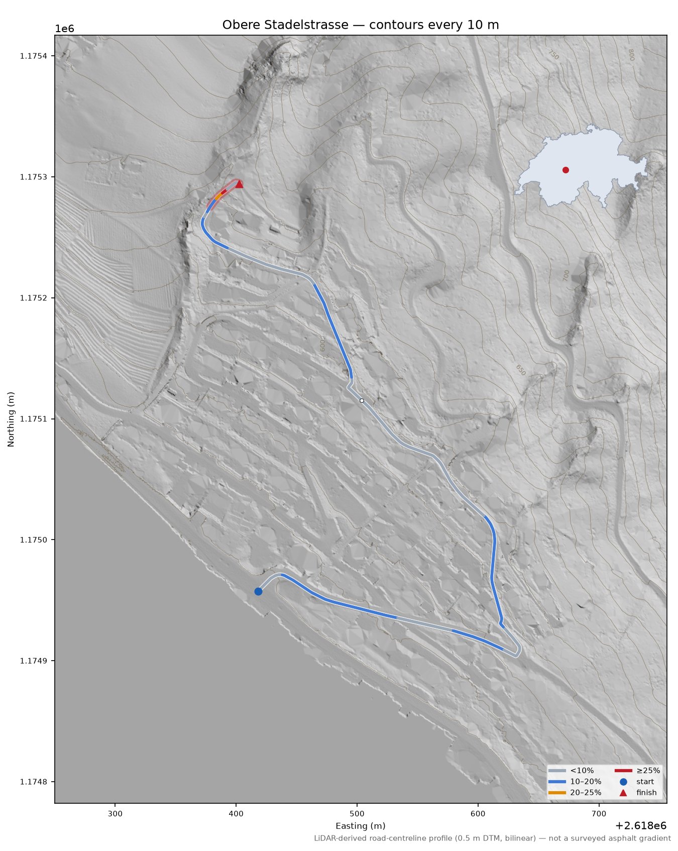 Obere Stadelstrasse LiDAR hillshade map with contours