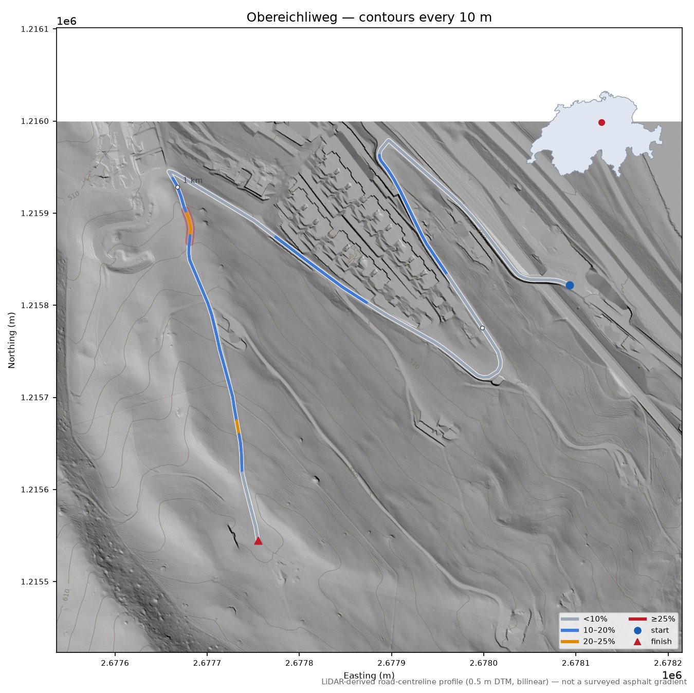 Obereichliweg LiDAR hillshade map with contours