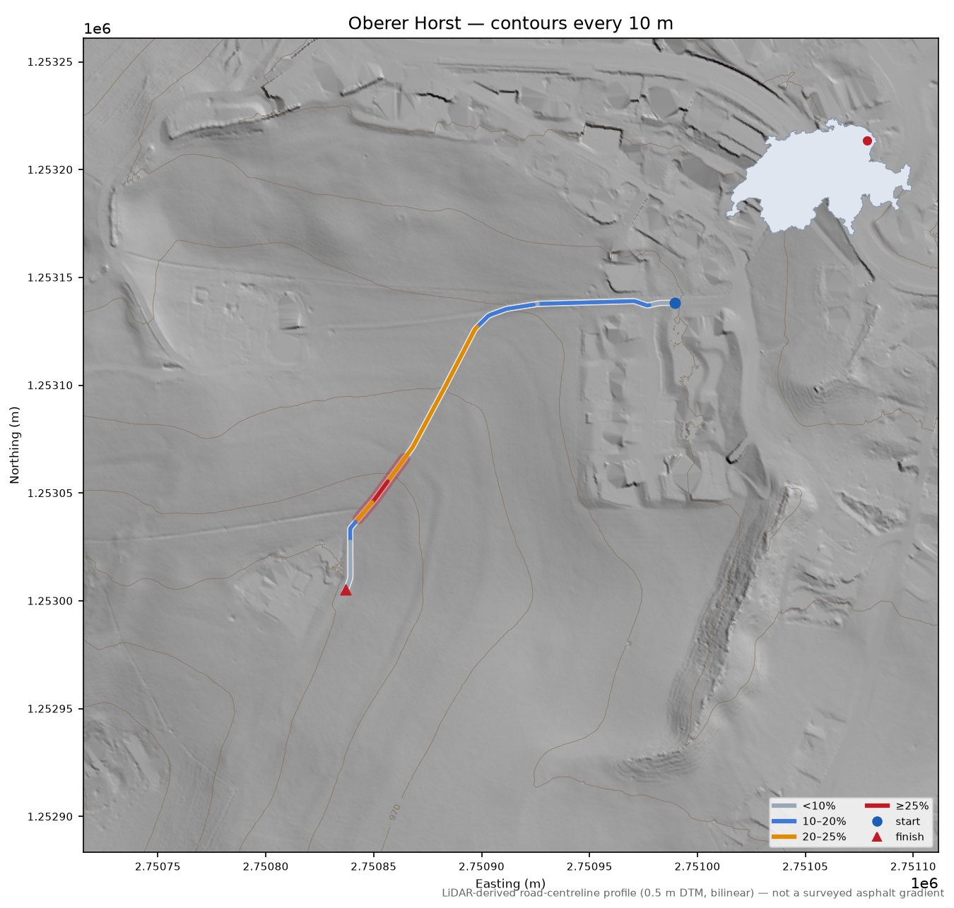 Oberer Horst LiDAR hillshade map with contours