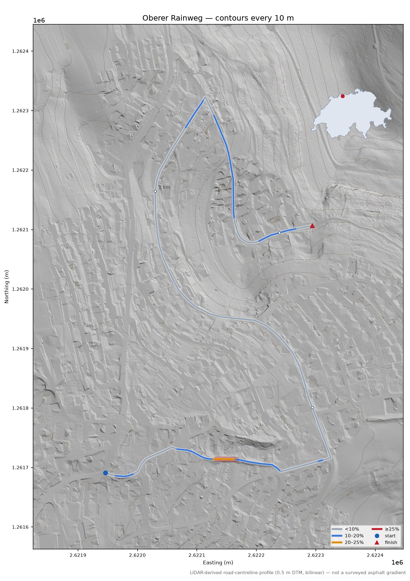 Oberer Rainweg LiDAR hillshade map with contours