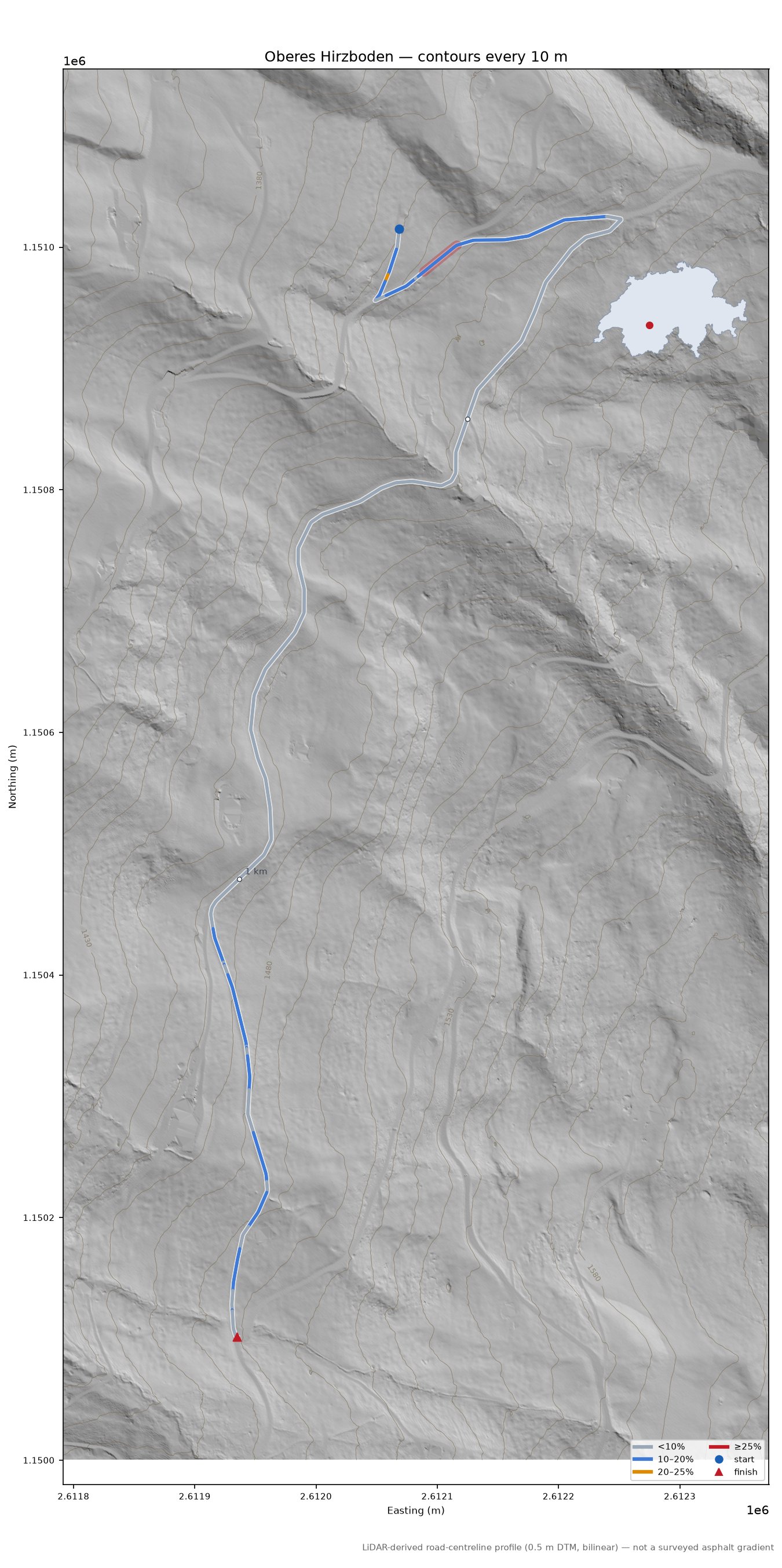 Oberes Hirzboden LiDAR hillshade map with contours