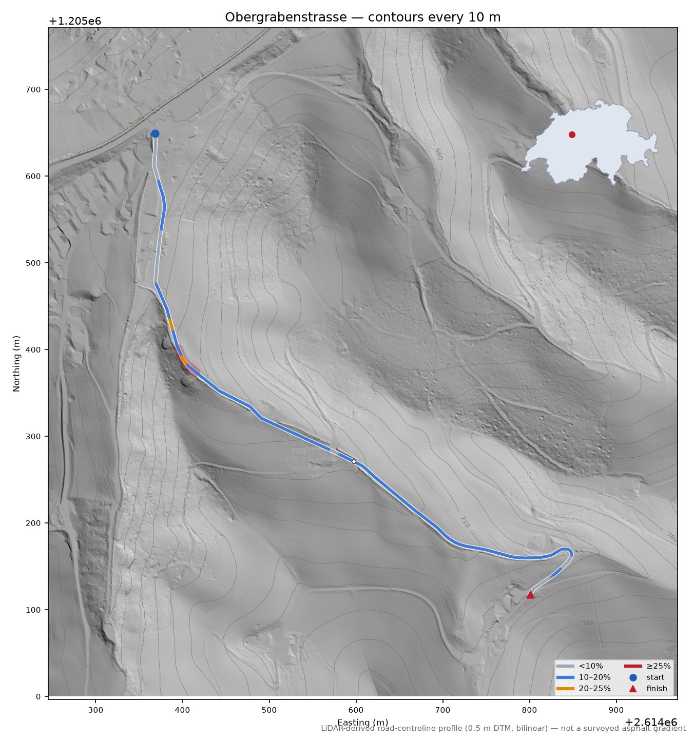 Obergrabenstrasse LiDAR hillshade map with contours