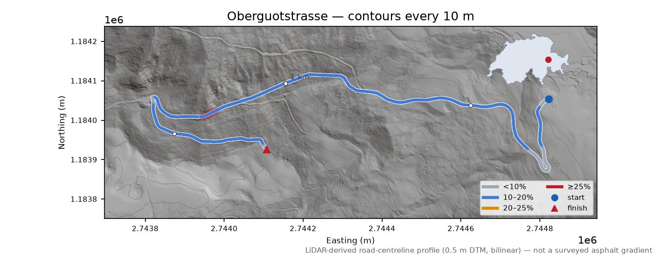 Oberguotstrasse LiDAR hillshade map with contours