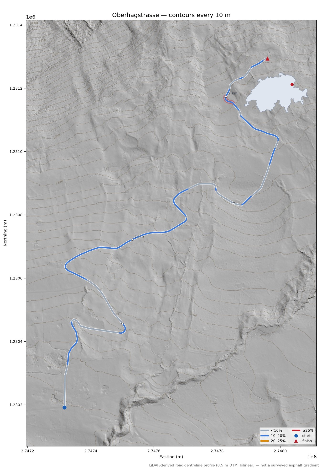 Oberhagstrasse LiDAR hillshade map with contours