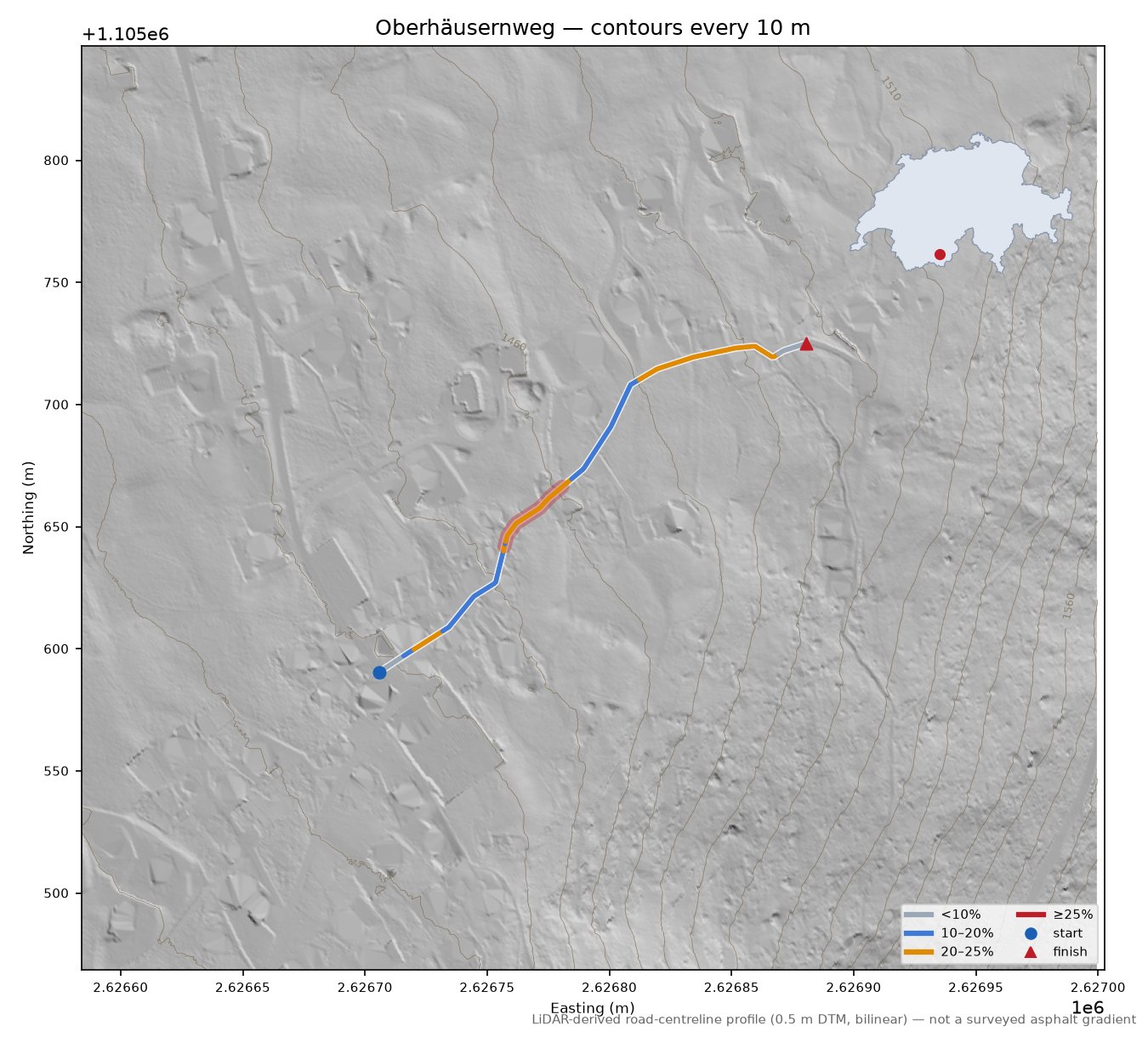 Oberhäusernweg LiDAR hillshade map with contours