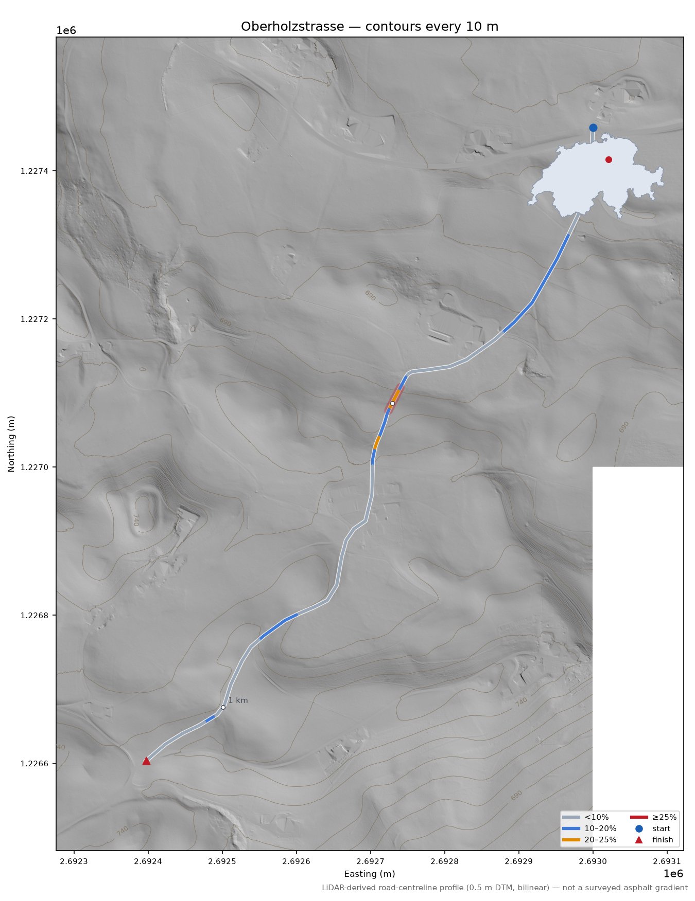 Oberholzstrasse LiDAR hillshade map with contours
