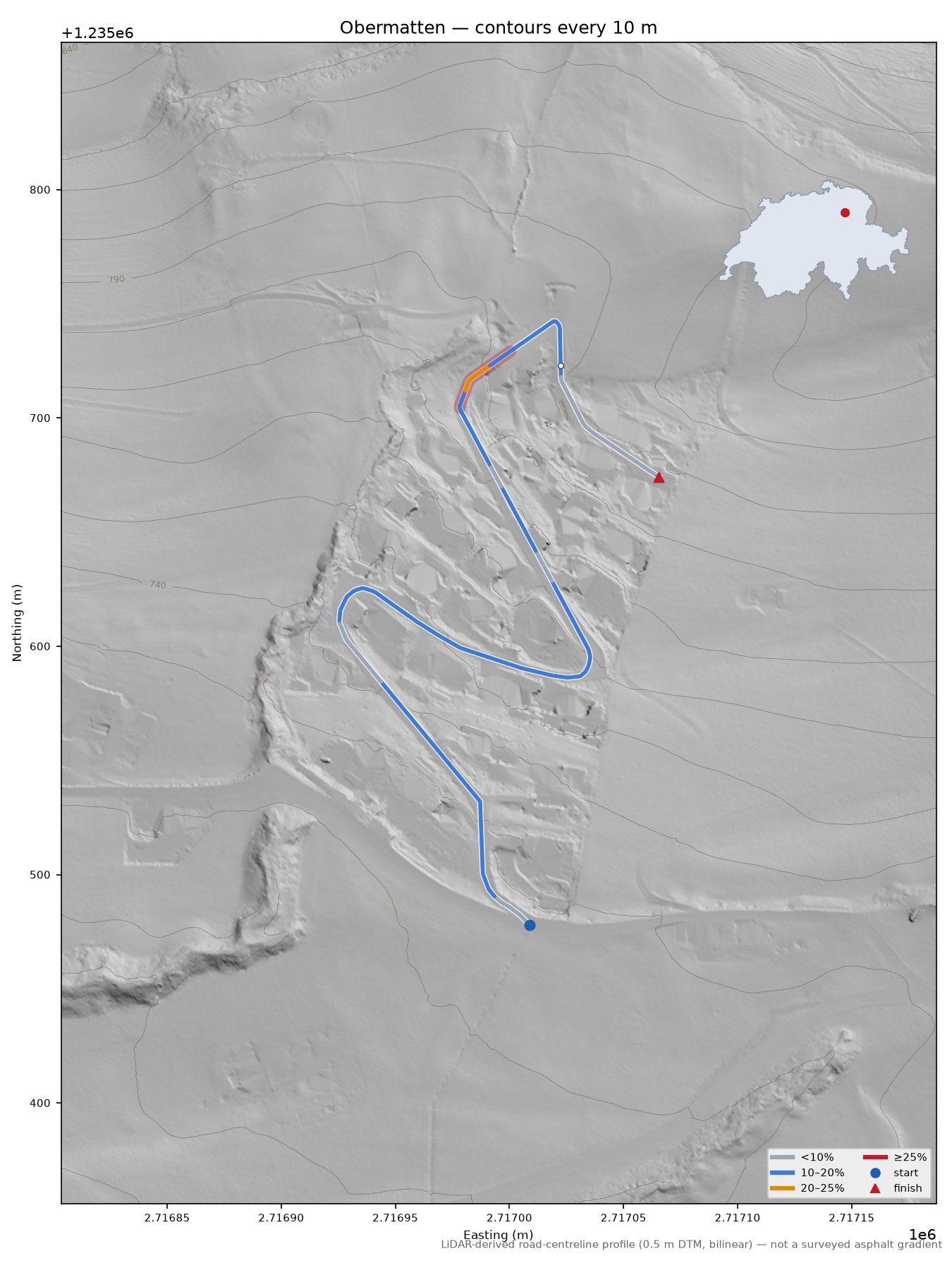 Obermatten LiDAR hillshade map with contours