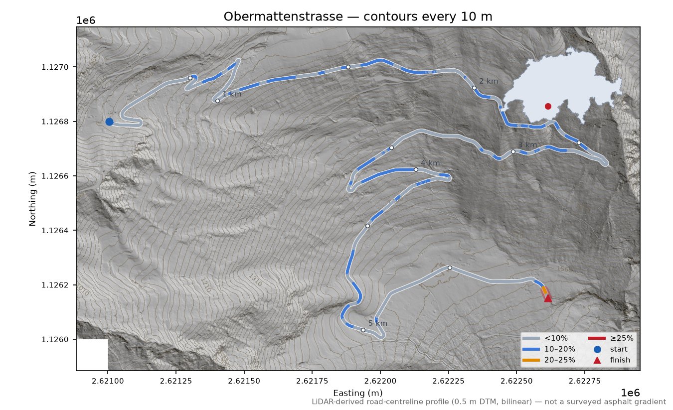 Obermattenstrasse LiDAR hillshade map with contours