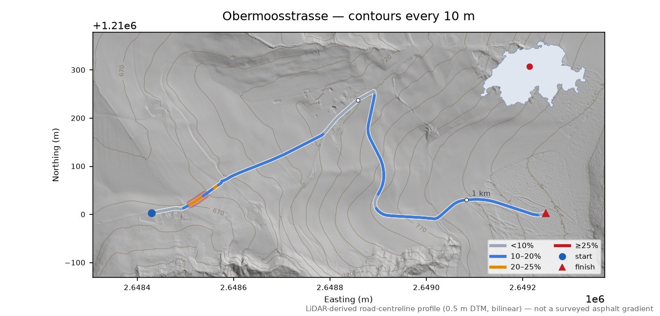 Obermoosstrasse LiDAR hillshade map with contours