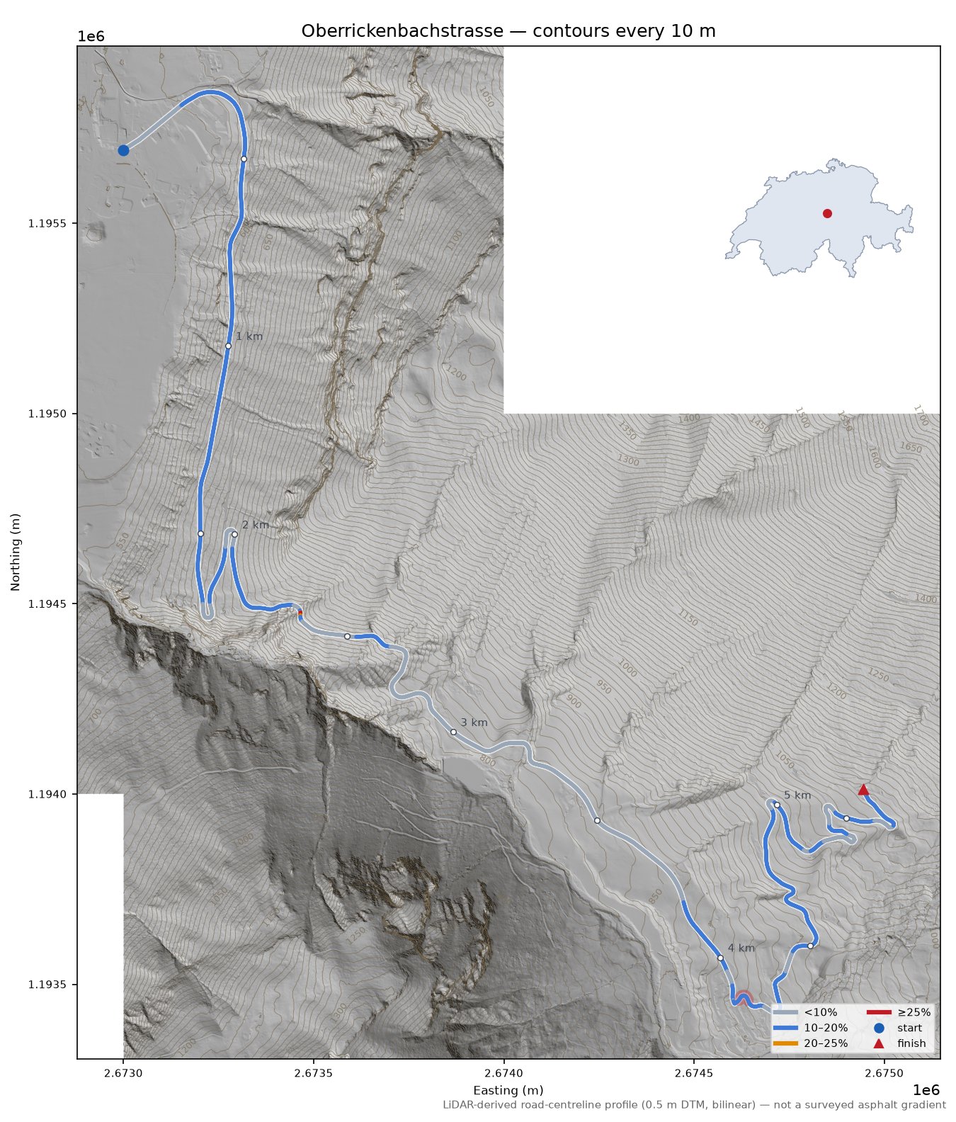 Oberrickenbachstrasse LiDAR hillshade map with contours