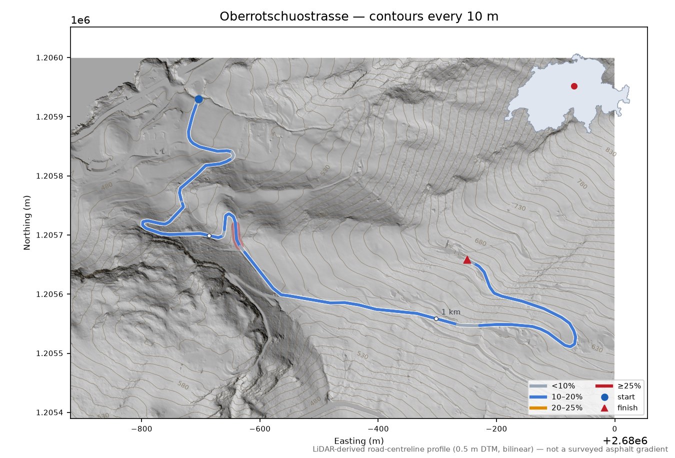 Oberrotschuostrasse LiDAR hillshade map with contours