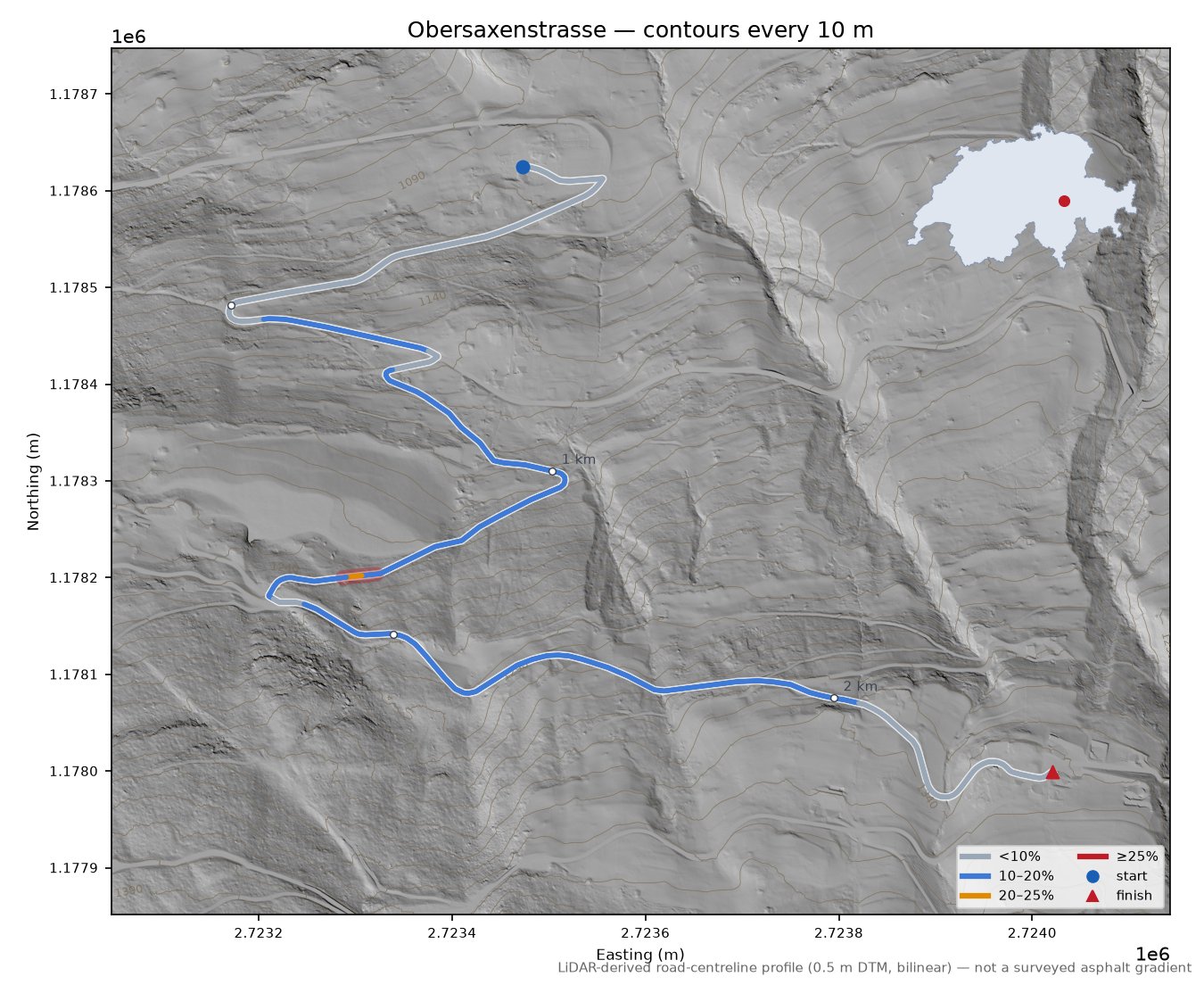 Obersaxenstrasse LiDAR hillshade map with contours