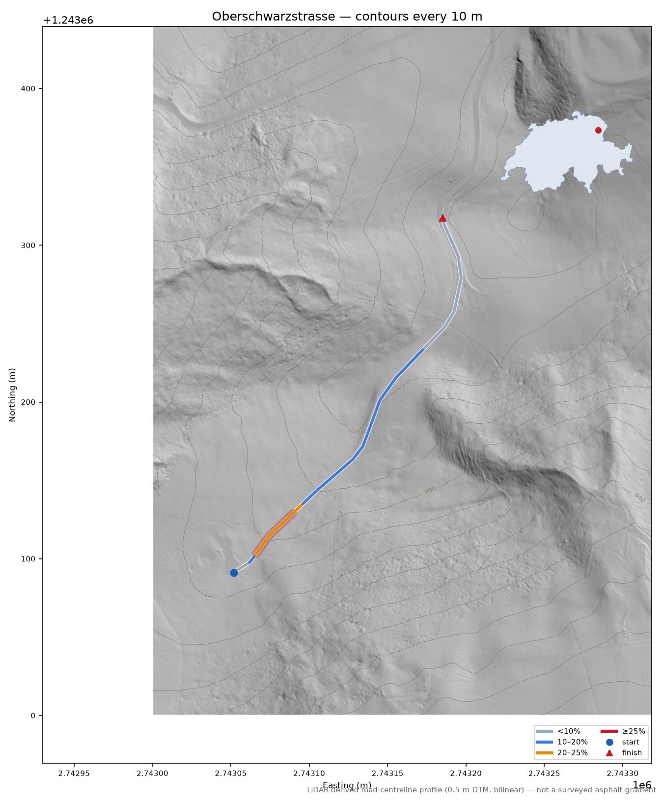 Oberschwarzstrasse LiDAR hillshade map with contours