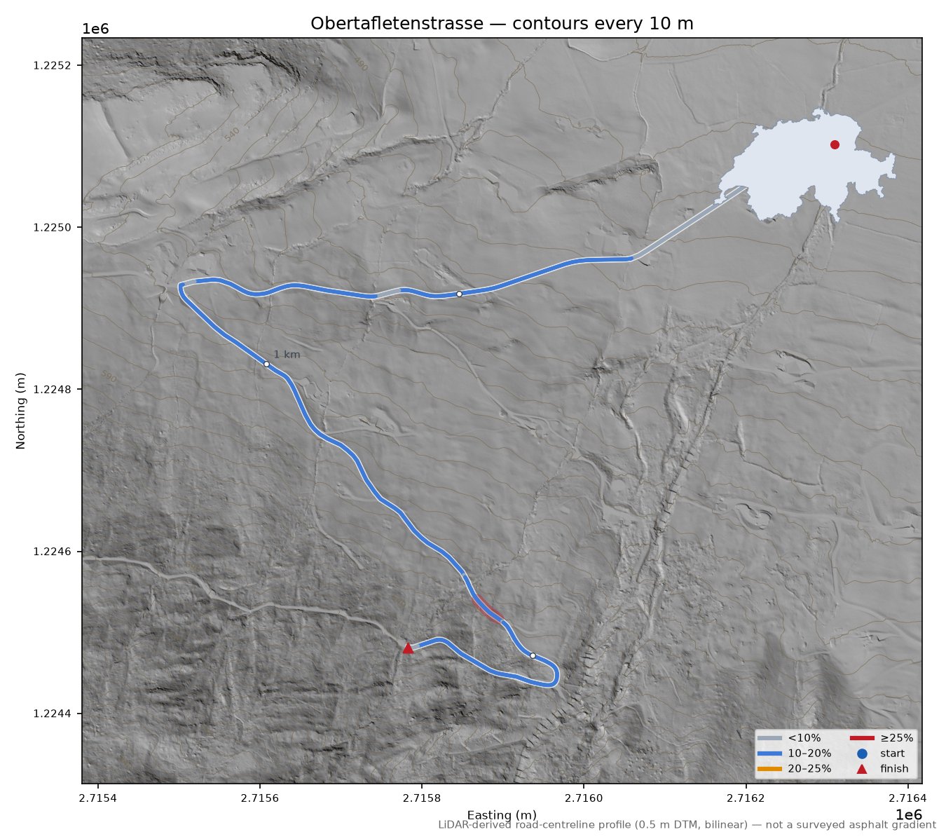 Obertafletenstrasse LiDAR hillshade map with contours