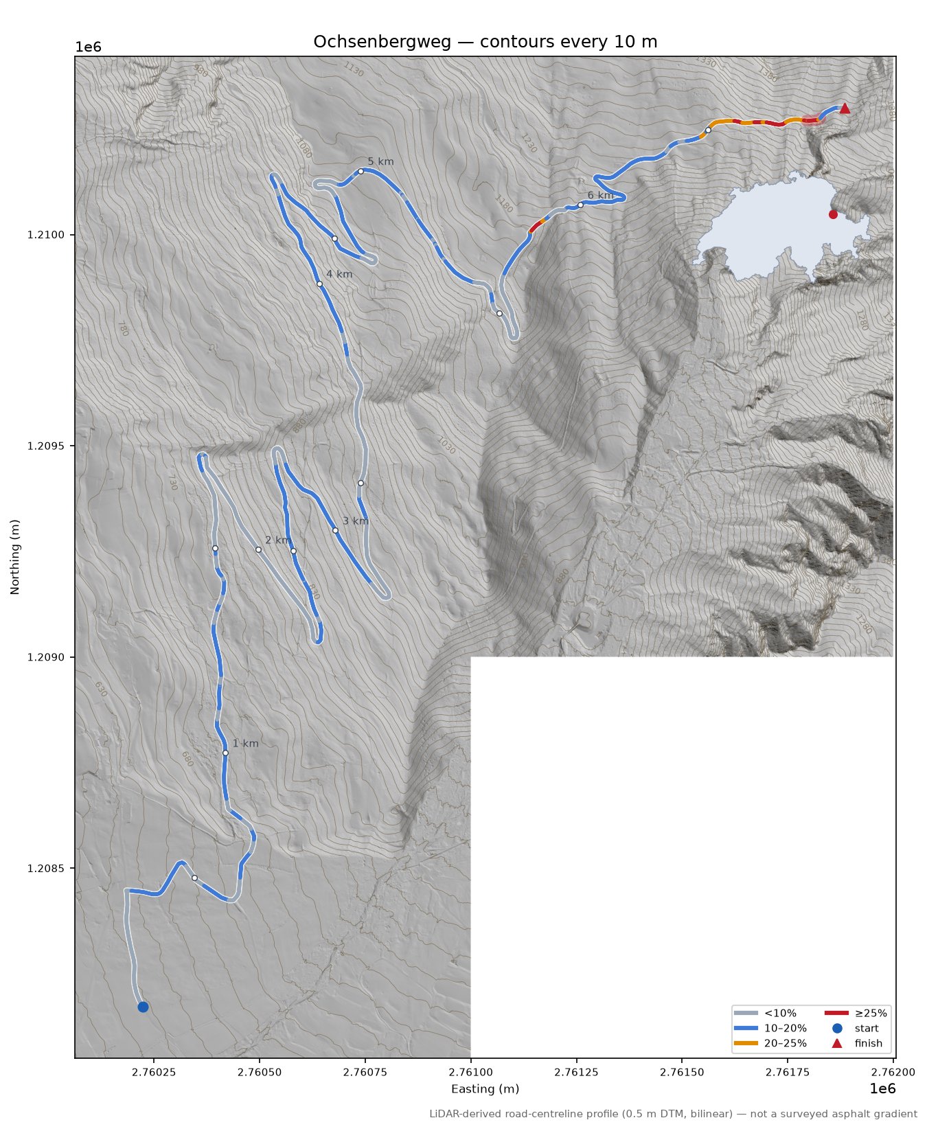 Ochsenbergweg LiDAR hillshade map with contours