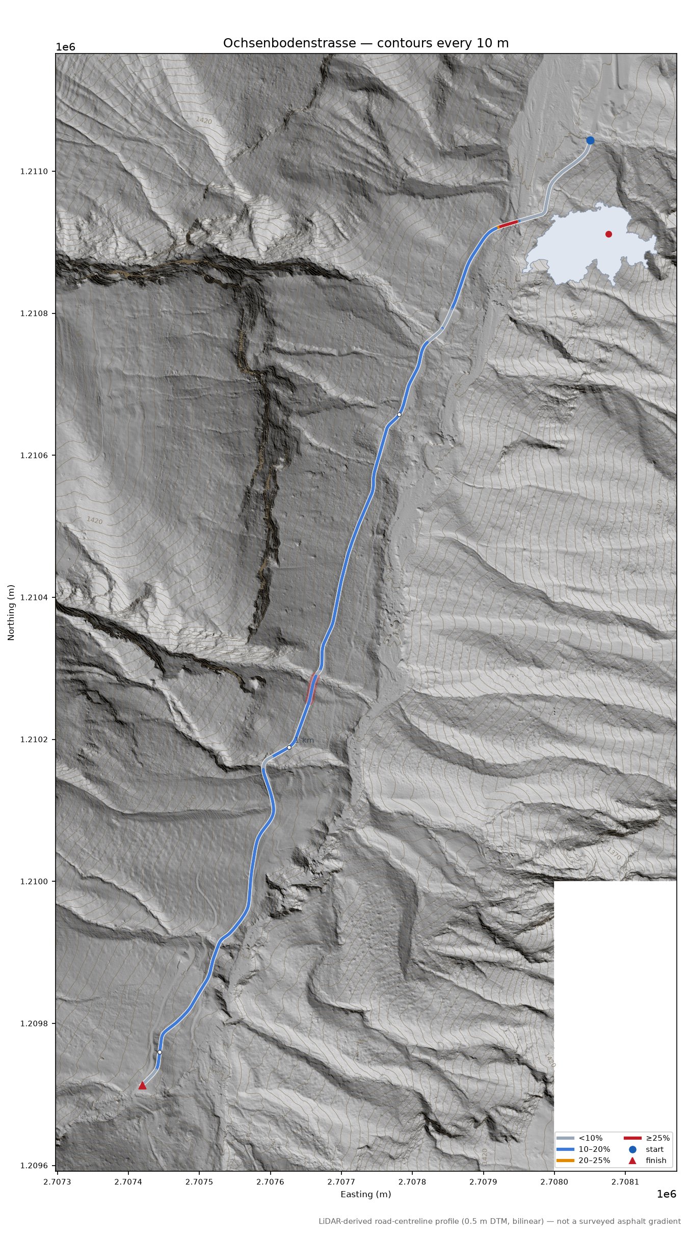 Ochsenbodenstrasse LiDAR hillshade map with contours