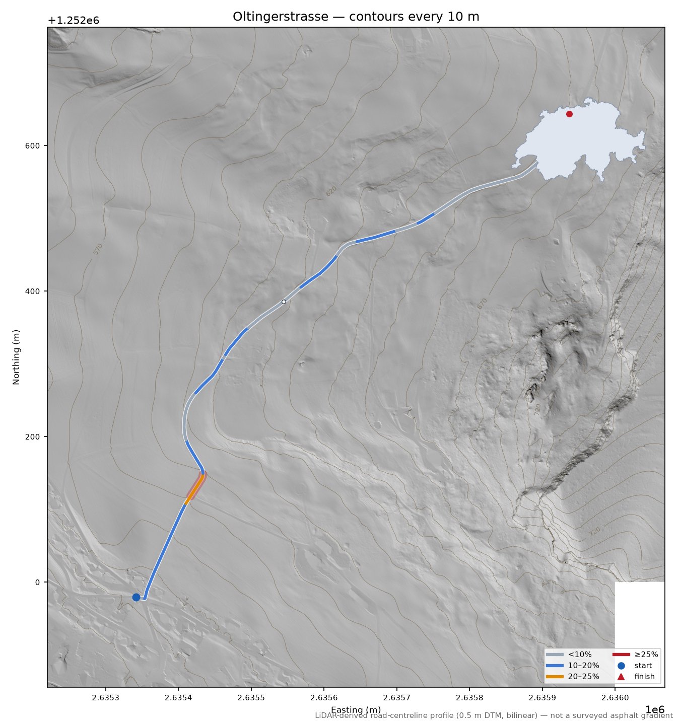 Oltingerstrasse LiDAR hillshade map with contours