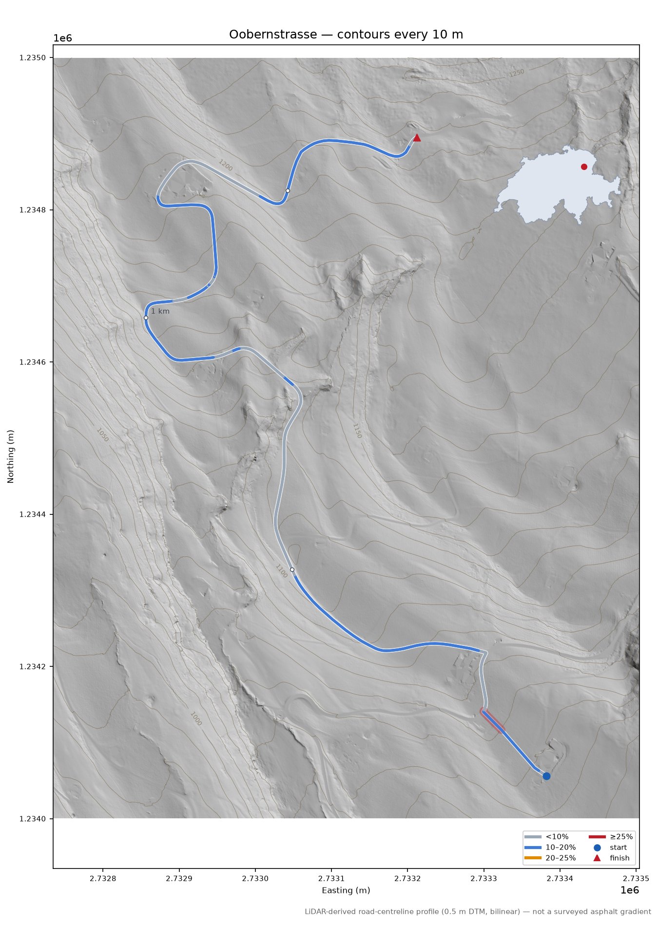 Oobernstrasse LiDAR hillshade map with contours