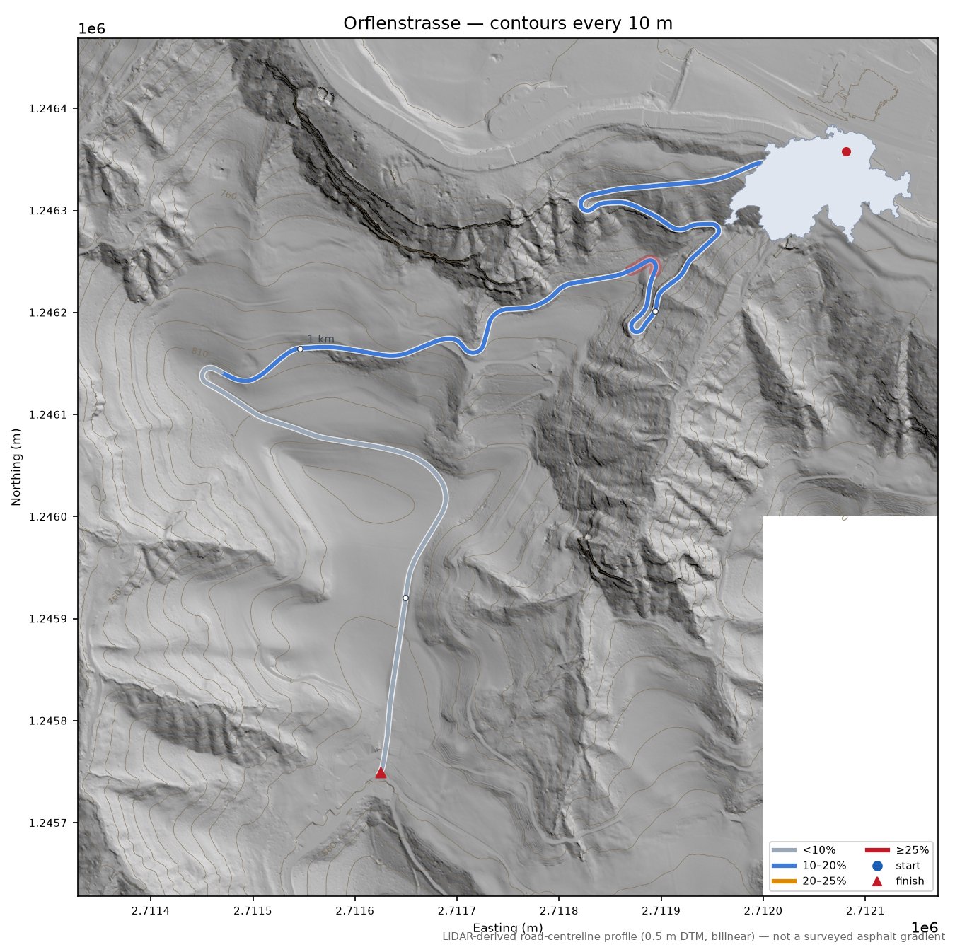 Orflenstrasse LiDAR hillshade map with contours