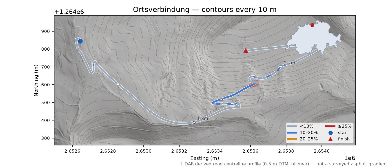 Ortsverbindung LiDAR hillshade map with contours