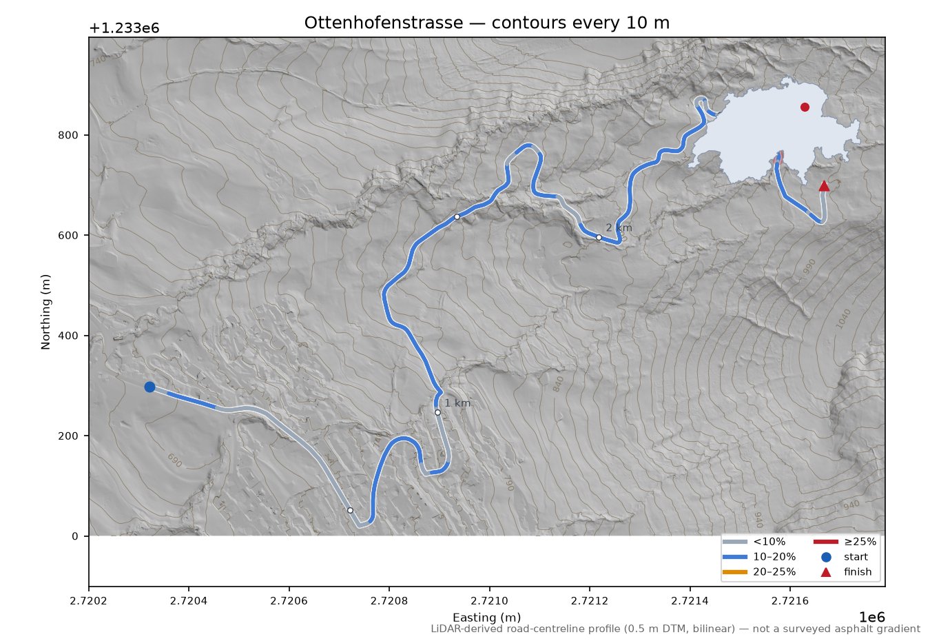Ottenhofenstrasse LiDAR hillshade map with contours