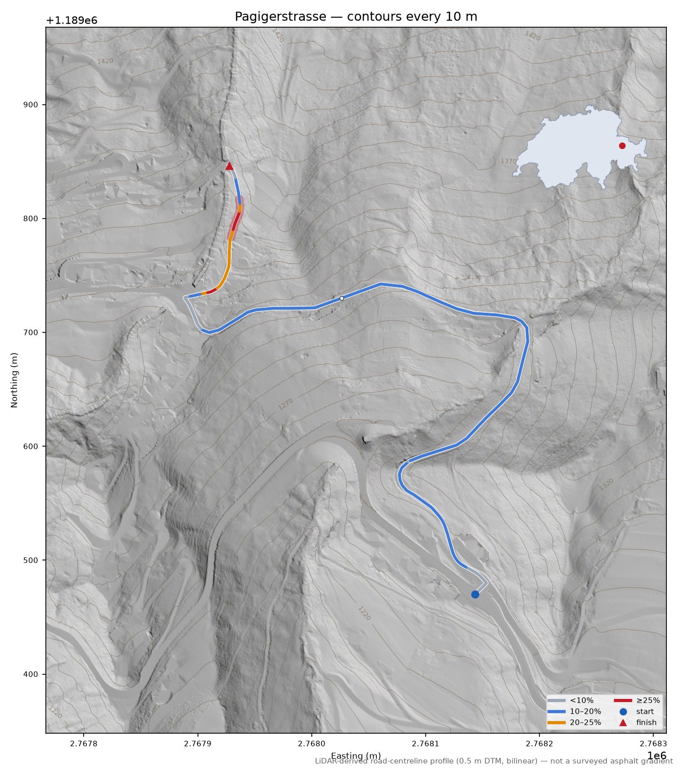Pagigerstrasse LiDAR hillshade map with contours