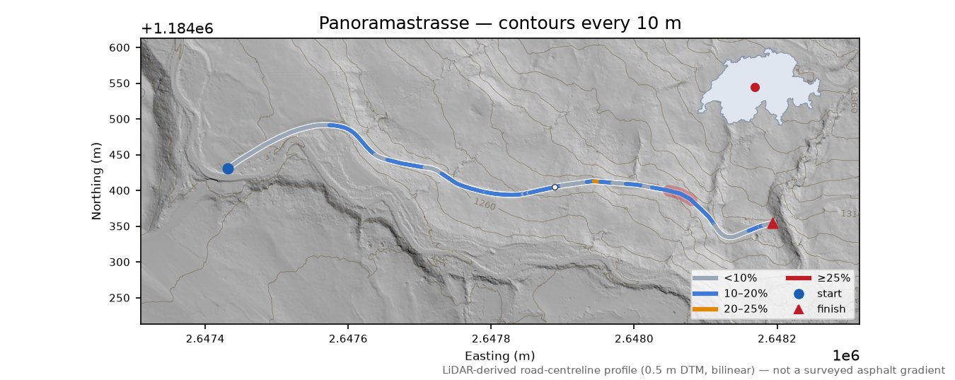 Panoramastrasse LiDAR hillshade map with contours