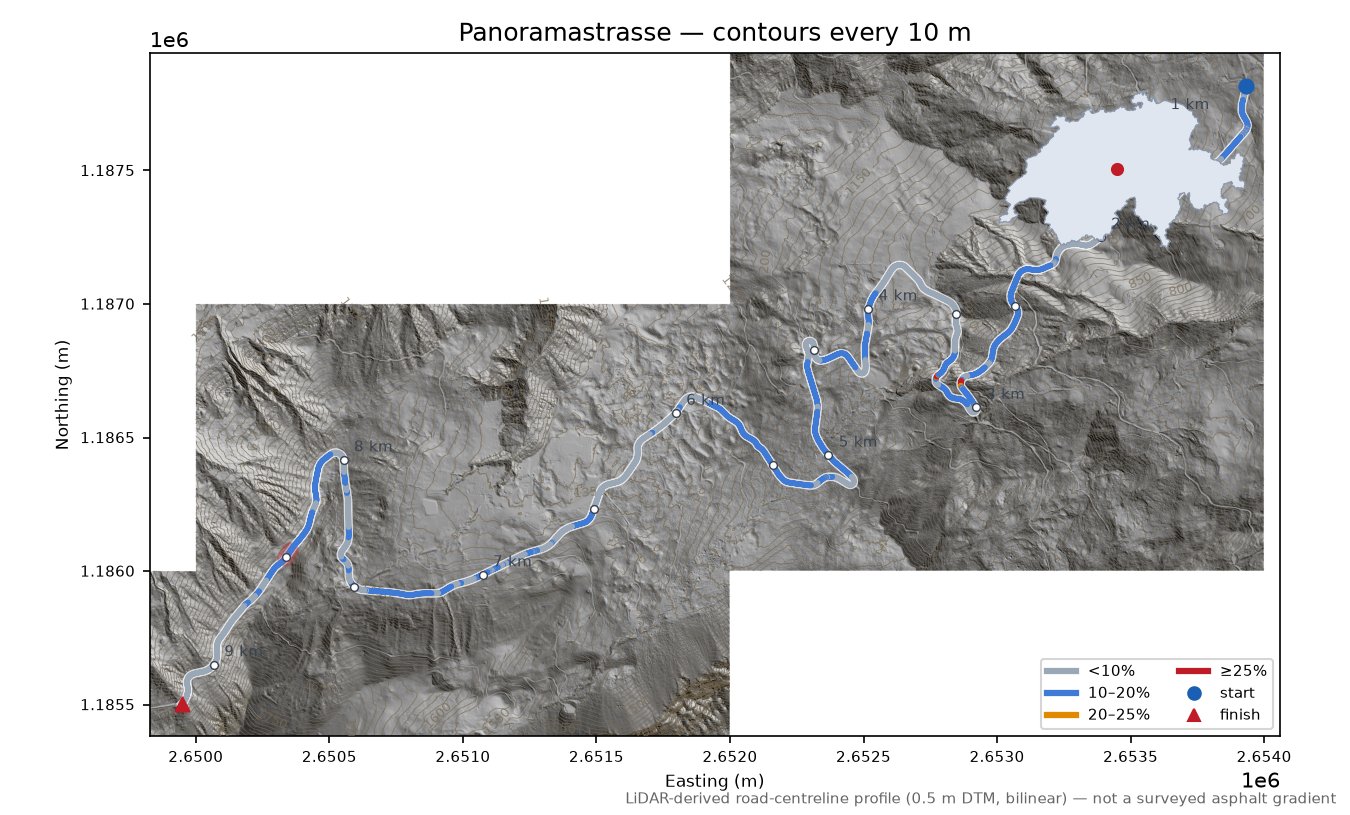 Panoramastrasse LiDAR hillshade map with contours