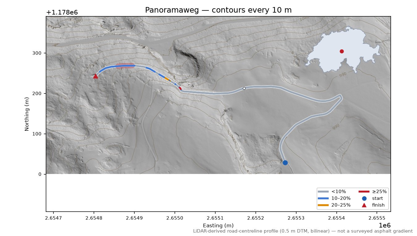 Panoramaweg LiDAR hillshade map with contours
