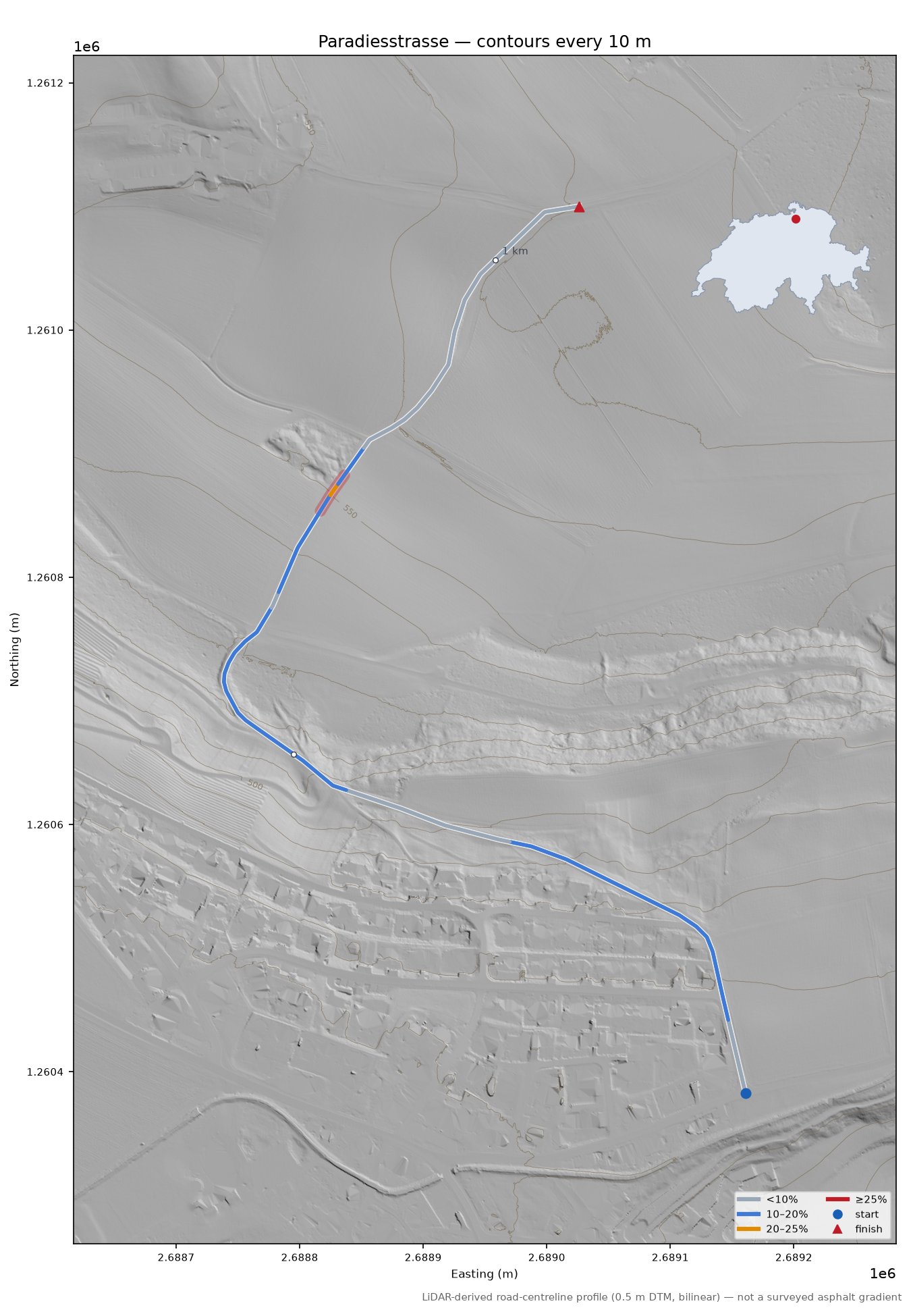 Paradiesstrasse LiDAR hillshade map with contours