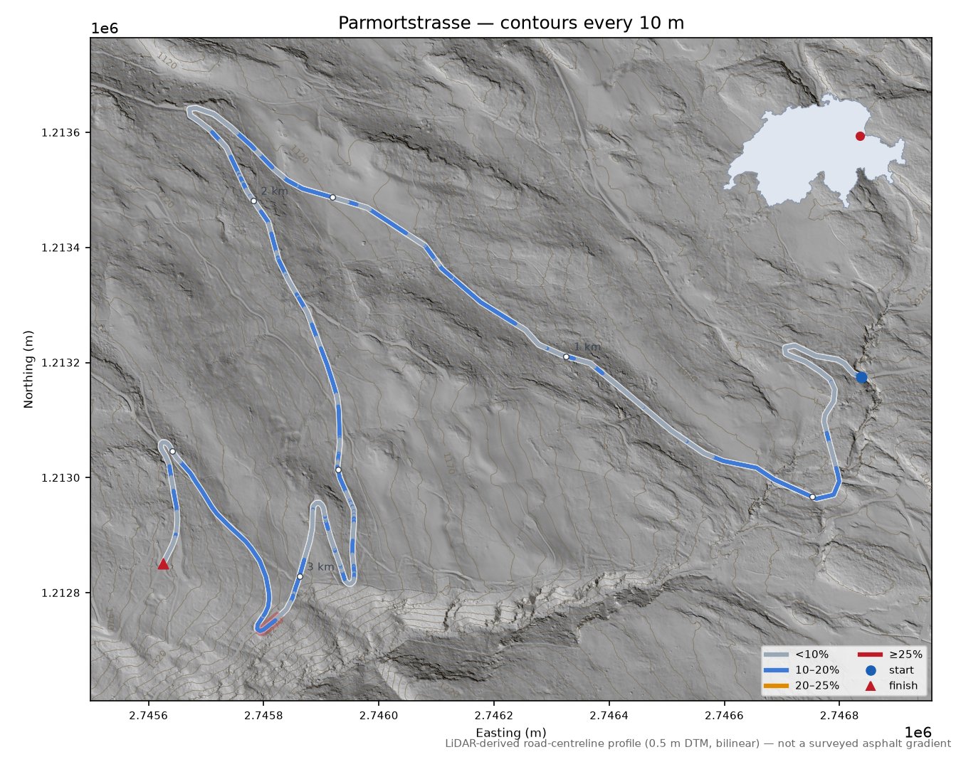 Parmortstrasse LiDAR hillshade map with contours
