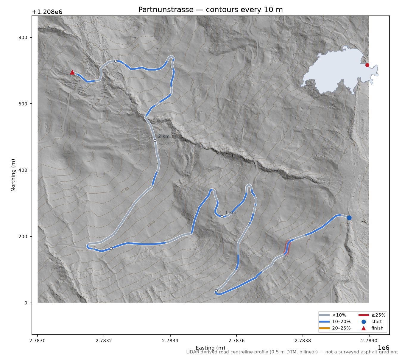 Partnunstrasse LiDAR hillshade map with contours