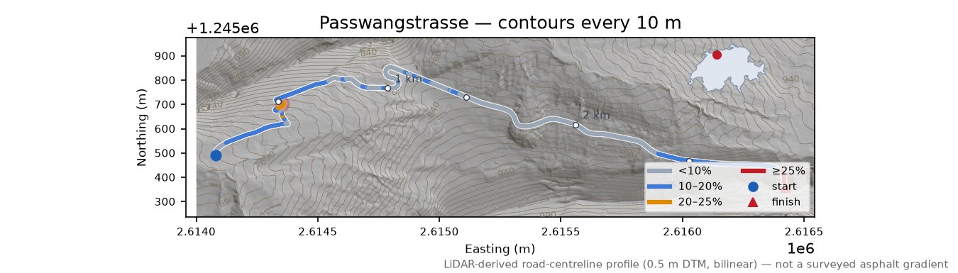 Passwangstrasse LiDAR hillshade map with contours