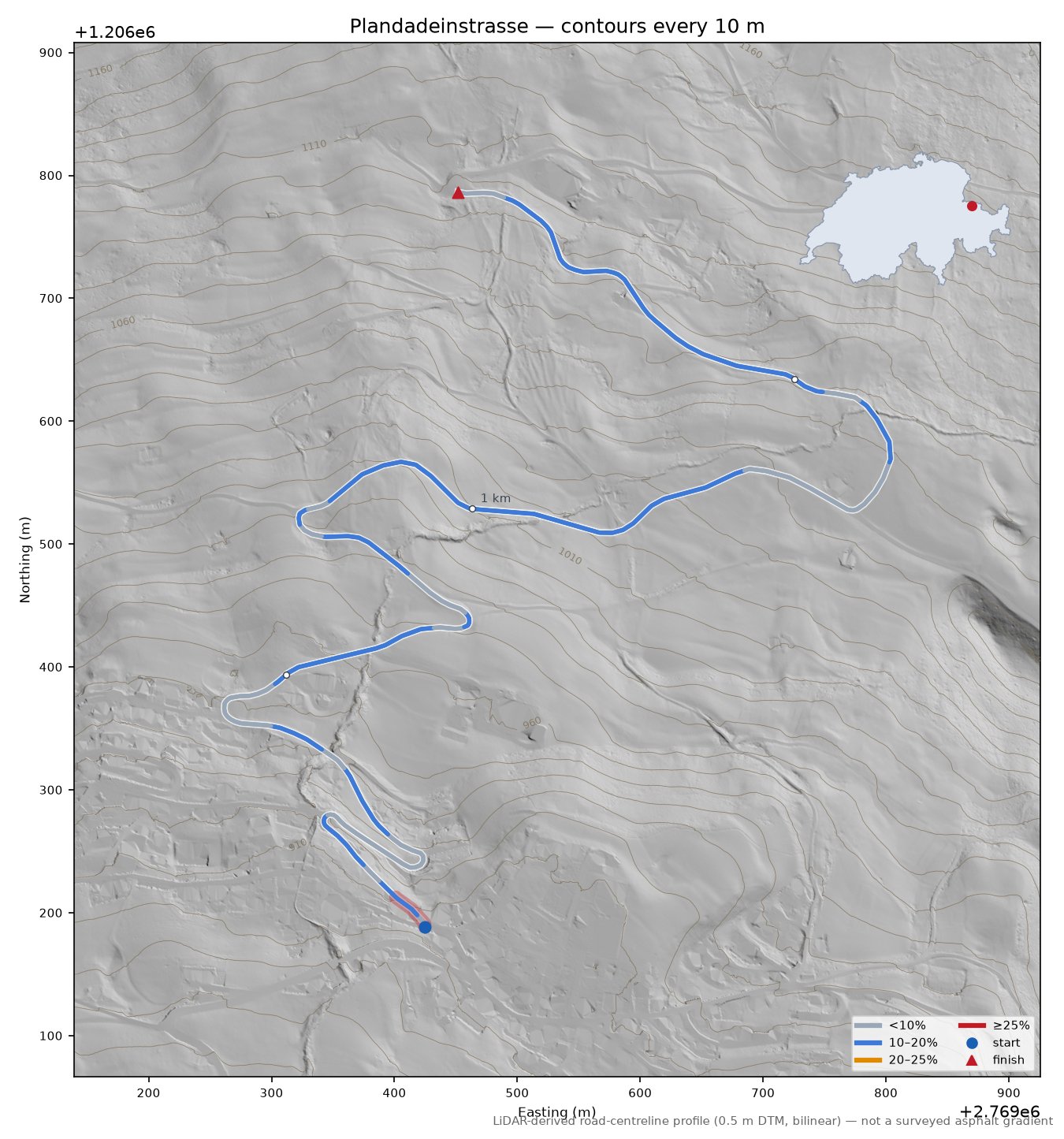 Plandadeinstrasse LiDAR hillshade map with contours