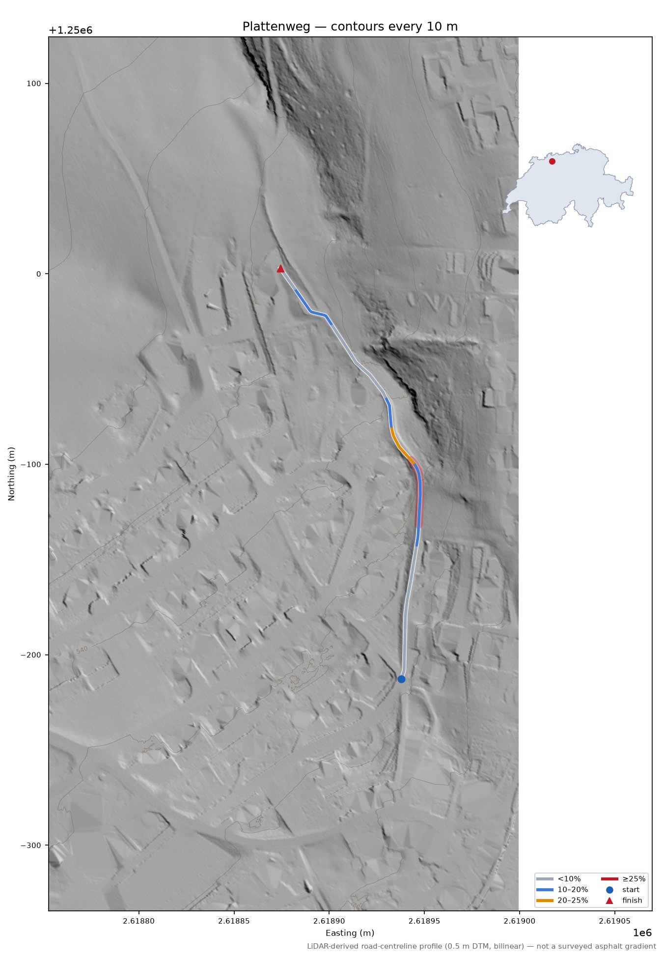 Plattenweg LiDAR hillshade map with contours