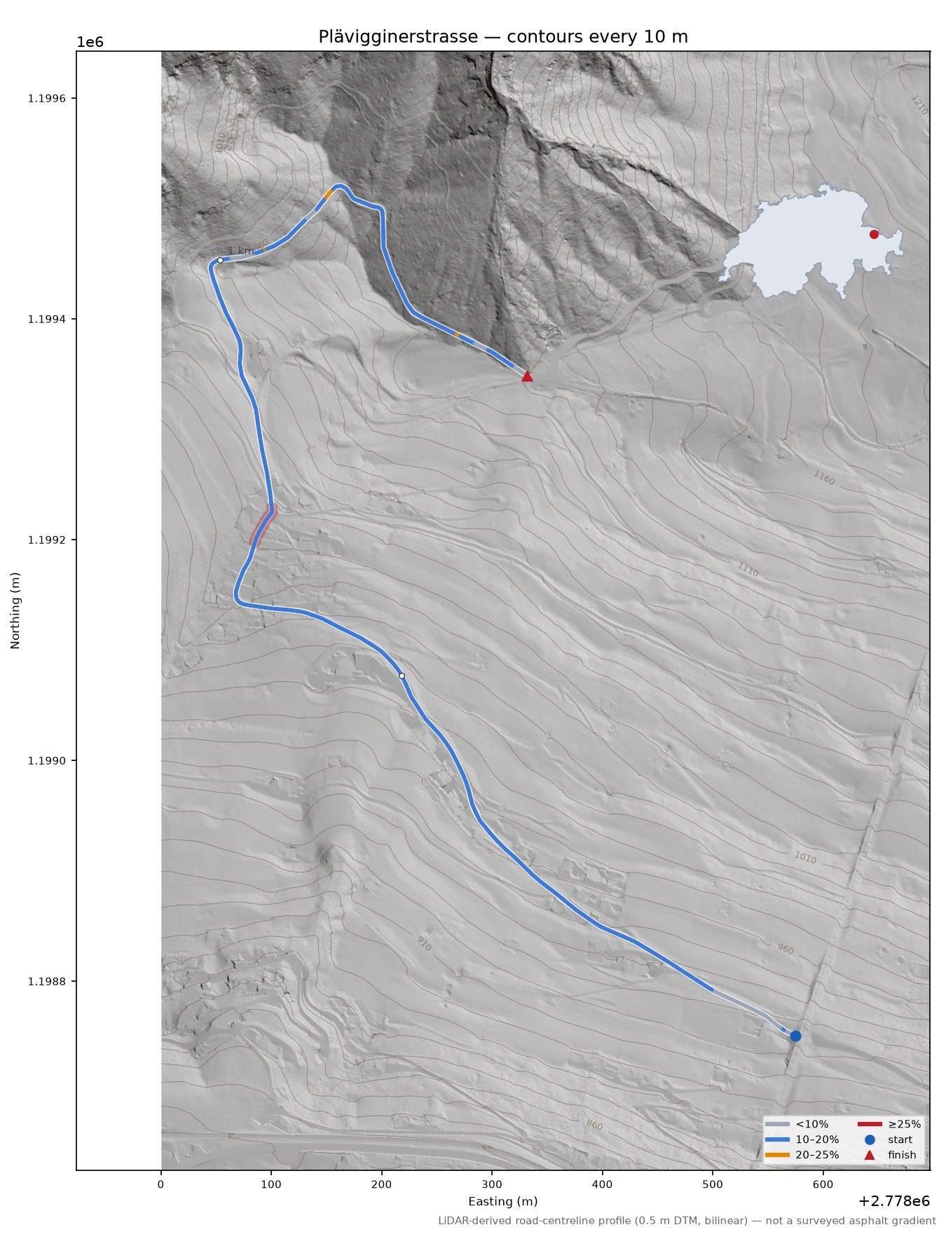 Plävigginerstrasse LiDAR hillshade map with contours
