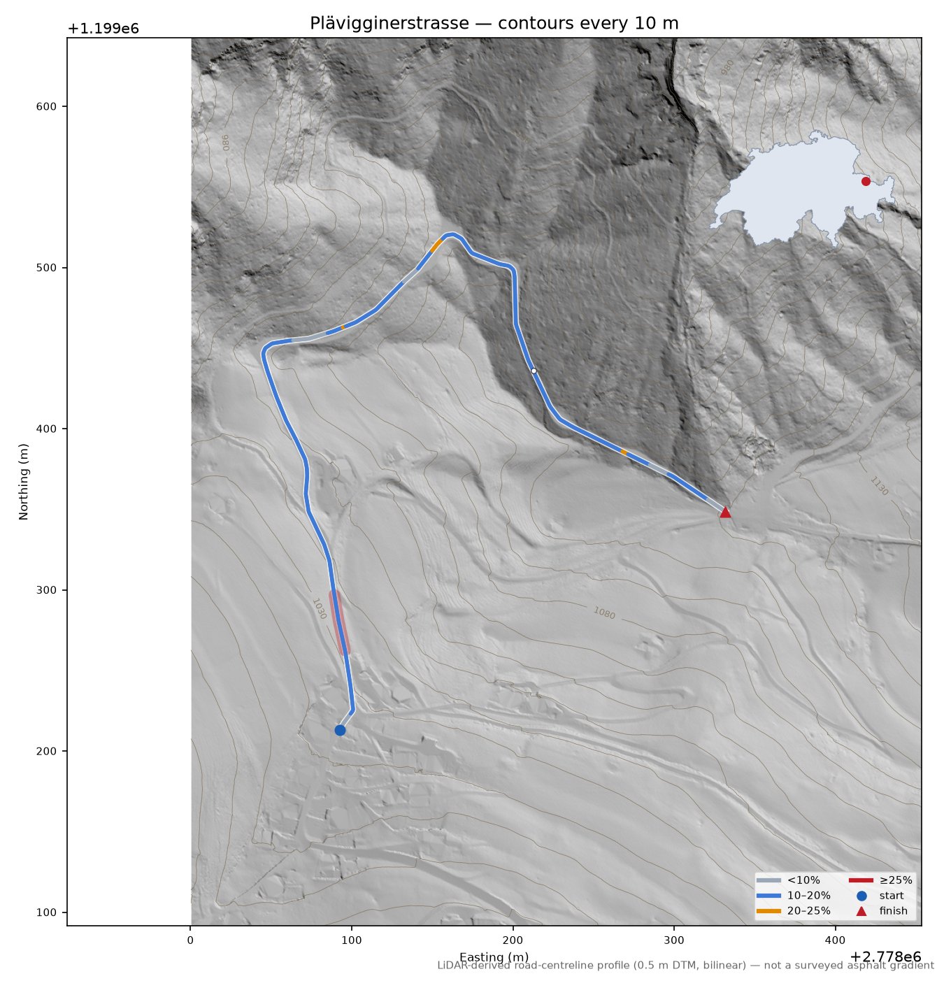 Plävigginerstrasse LiDAR hillshade map with contours