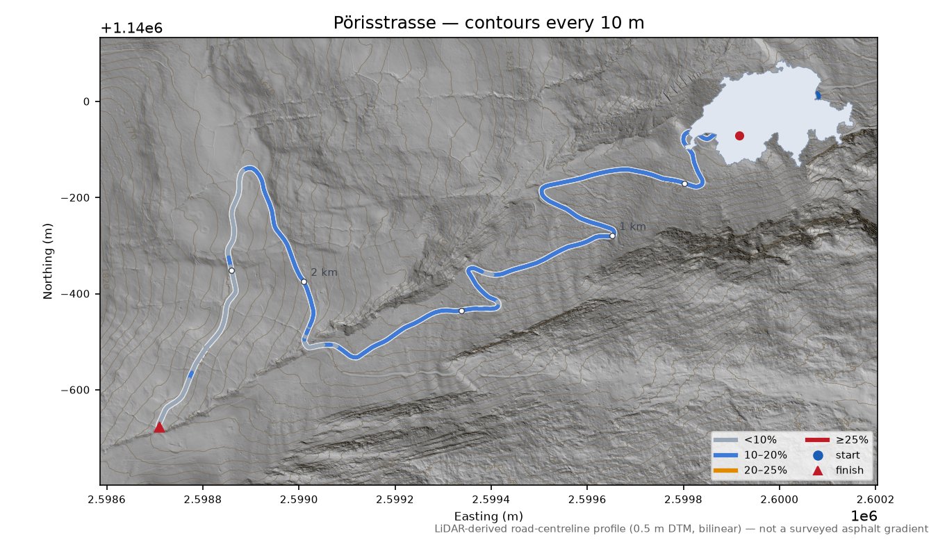 Pörisstrasse LiDAR hillshade map with contours