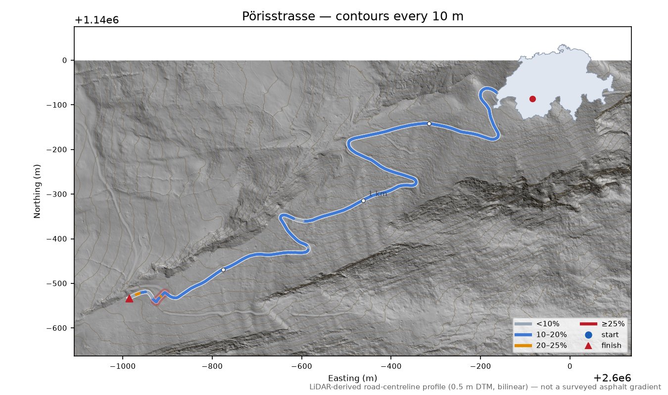 Pörisstrasse LiDAR hillshade map with contours