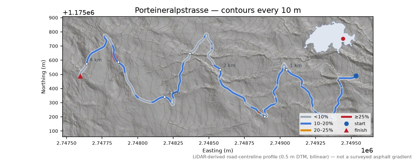 Porteineralpstrasse LiDAR hillshade map with contours