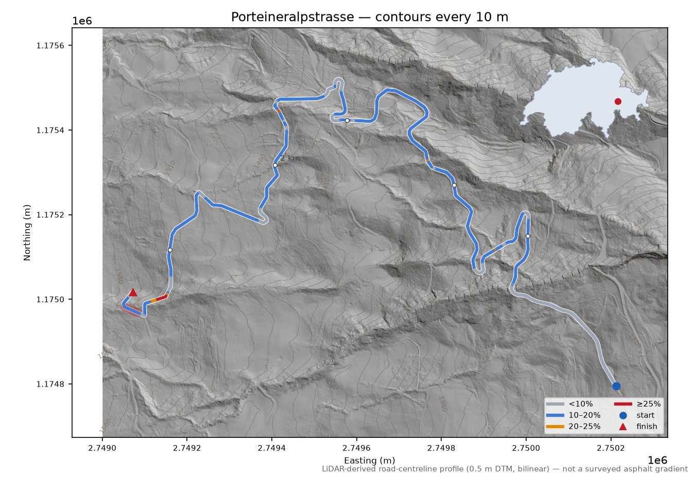 Porteineralpstrasse LiDAR hillshade map with contours