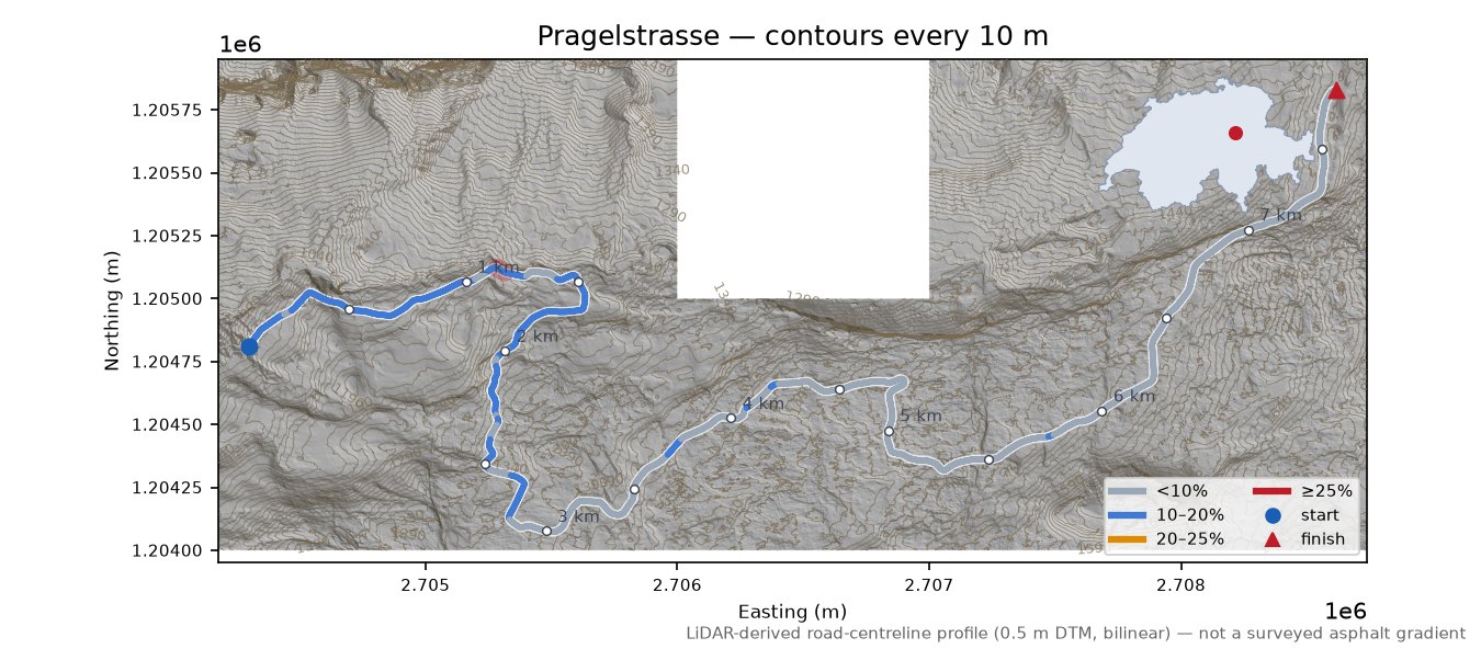 Pragelstrasse LiDAR hillshade map with contours