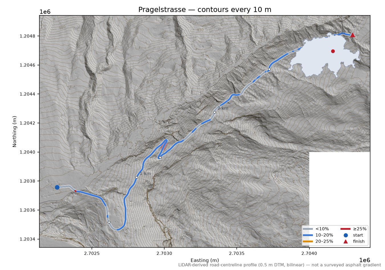 Pragelstrasse LiDAR hillshade map with contours