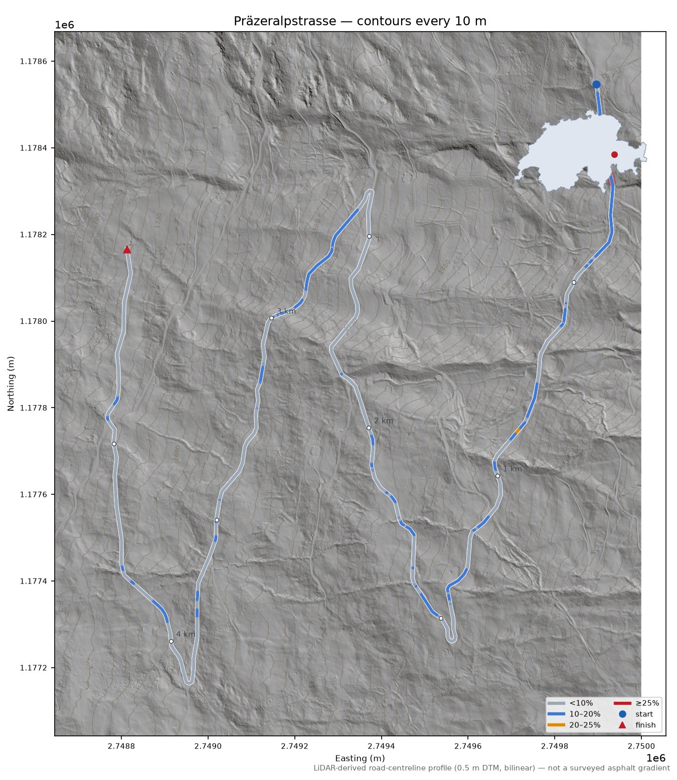Präzeralpstrasse LiDAR hillshade map with contours