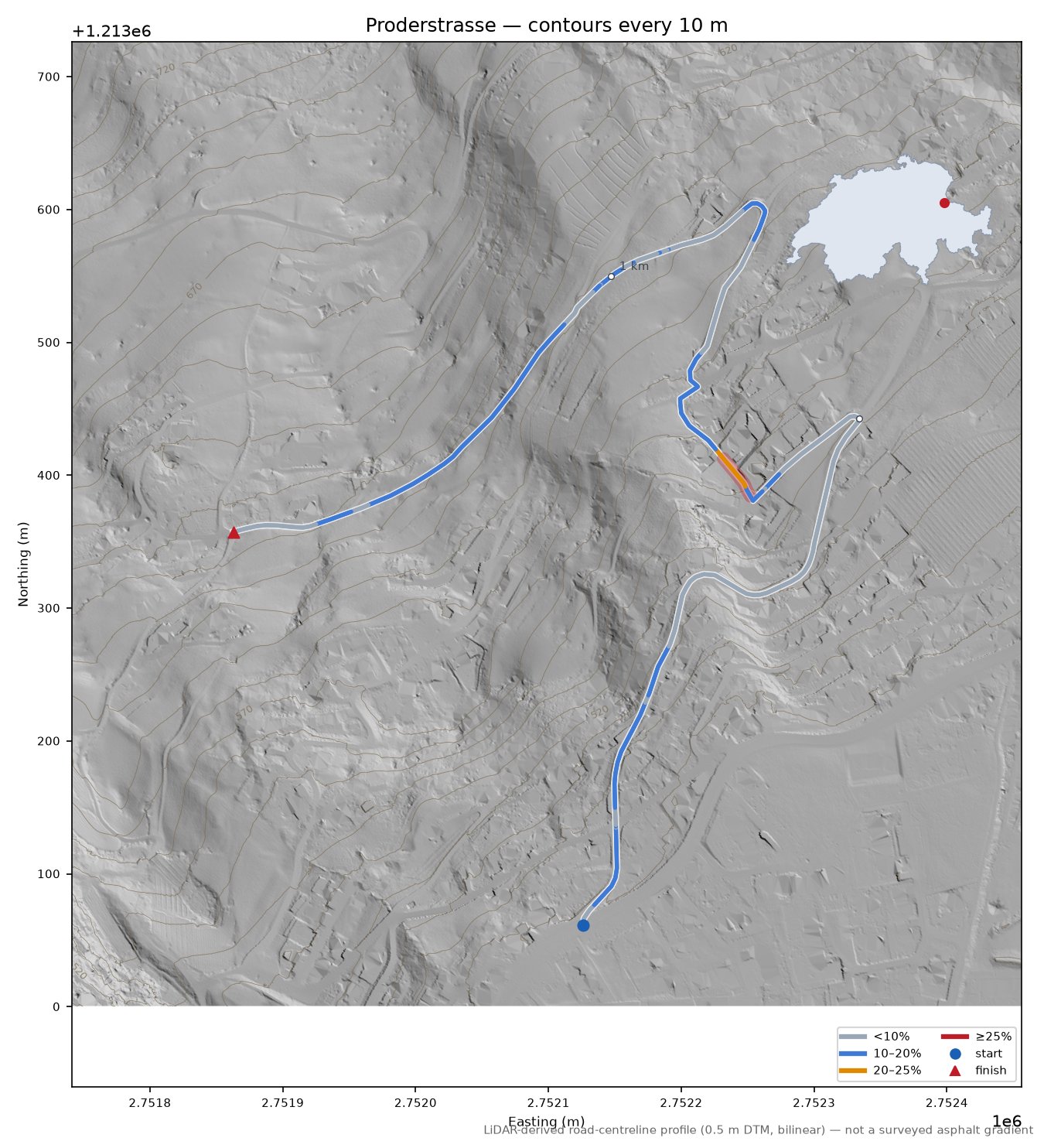 Proderstrasse LiDAR hillshade map with contours