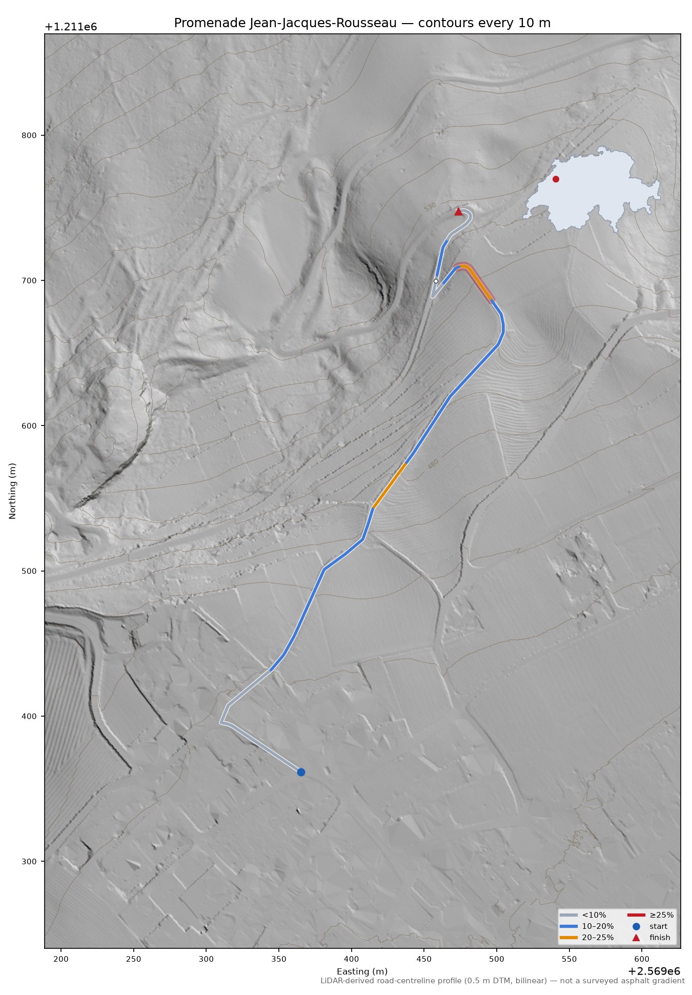 Promenade Jean-Jacques-Rousseau LiDAR hillshade map with contours