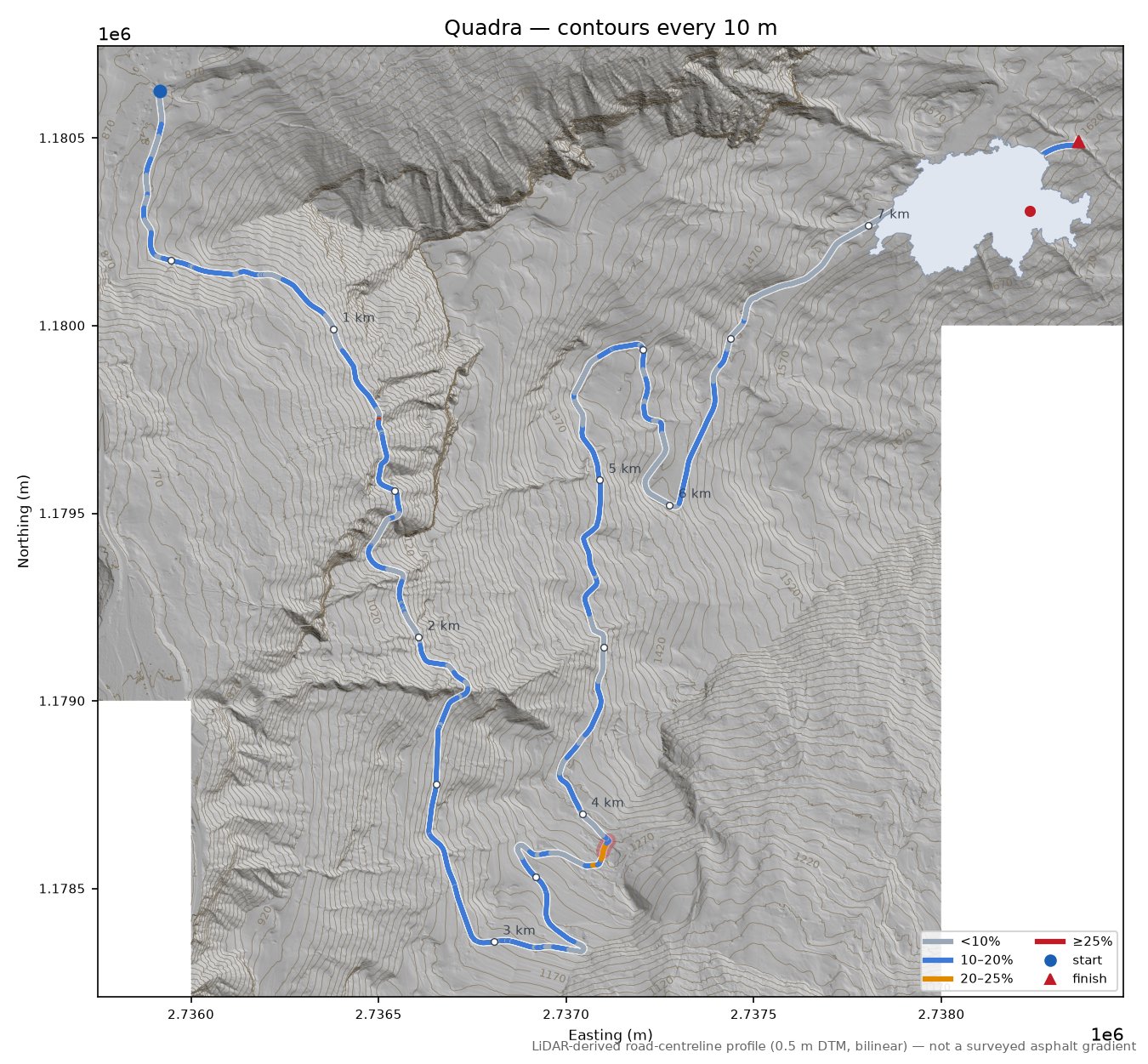 Quadra LiDAR hillshade map with contours
